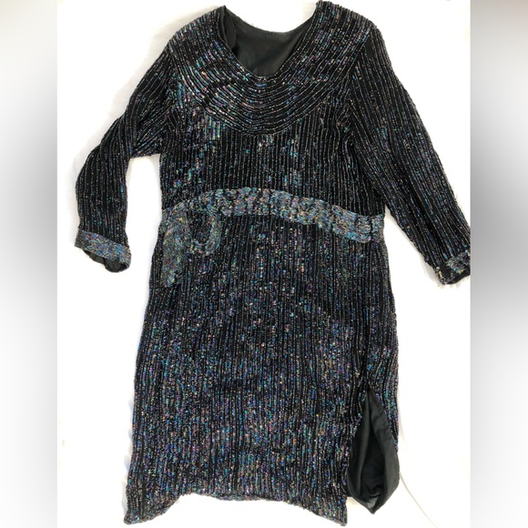 Vtg Black beading and sequin silk holiday, wedding guest formal dress, NYE - Picture 8 of 10